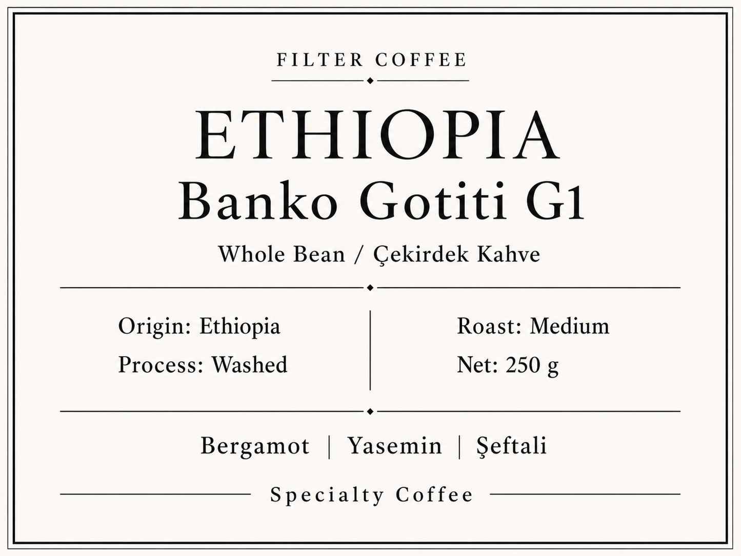 Ethiopia Banko Gotiti G1 Çekirdek Kahve 250 G